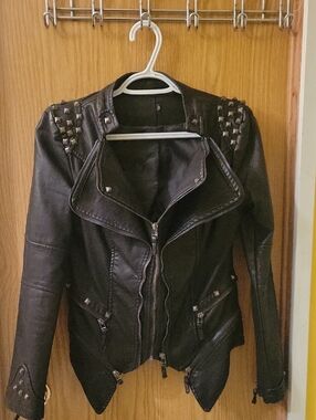 Studded Black Faux Leather Moto Jacket - Women
